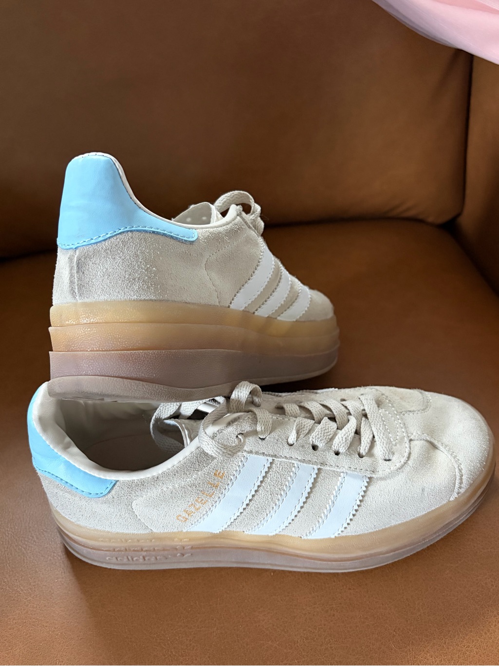 Adidas Beige Suede Platform Sneakers With Light Blue Heel Tab
